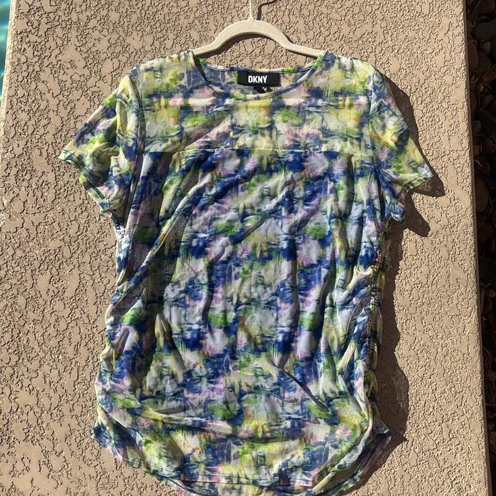 DKNY Mesh Top Women’s Size XL Colorful Lined Y2K Short Sleeve 90s